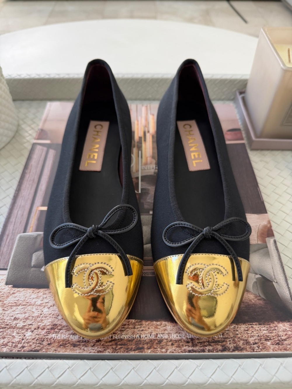 CHANEL GOLD METALLIC GROSGRAIN CC LOGO CAPTOE BLACK FABRIC BALLET FLATS SHOES 38 - Picture 3 of 17